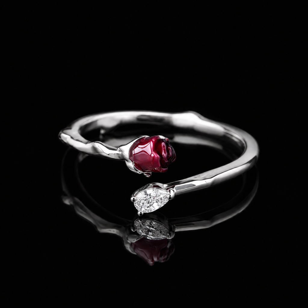 Silver Rosebud Open Ring with Teardrop Crystal – Romantic Adjustable Floral Ring