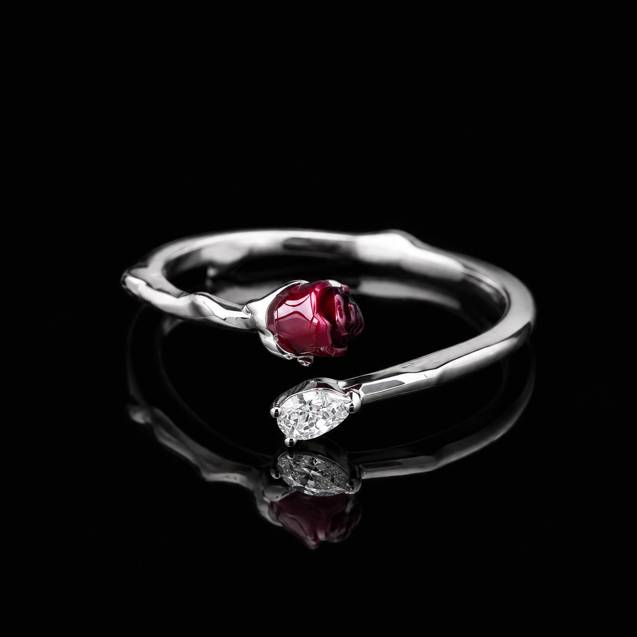 Silver Rosebud Open Ring with Teardrop Crystal – Romantic Adjustable Floral Ring