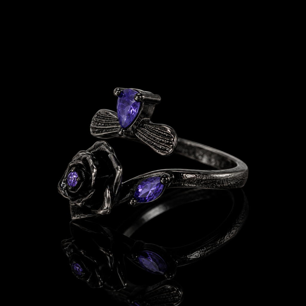 Black Rose Ring with Purple Crystals – Gothic Floral Statement Jewelry