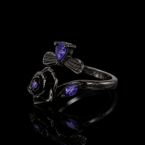 Black Rose Ring with Purple Crystals – Gothic Floral Statement Jewelry