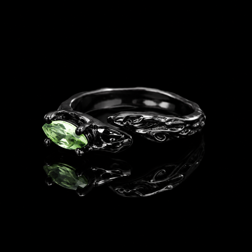 Black Gothic Ring with Emerald Green Marquise Stone – Vintage Fantasy Statement Jewelry