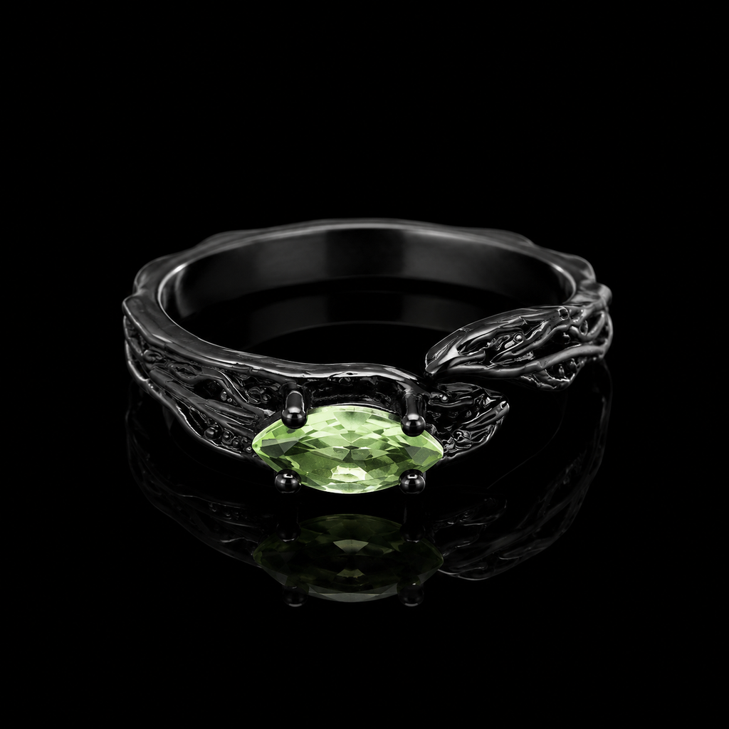 Black Gothic Ring with Emerald Green Marquise Stone – Vintage Fantasy Statement Jewelry