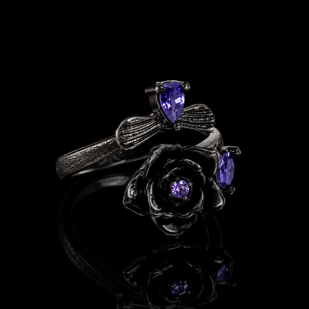 Black Rose Ring with Purple Crystals – Gothic Floral Statement Jewelry