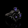Black Rose Ring with Purple Crystals – Gothic Floral Statement Jewelry