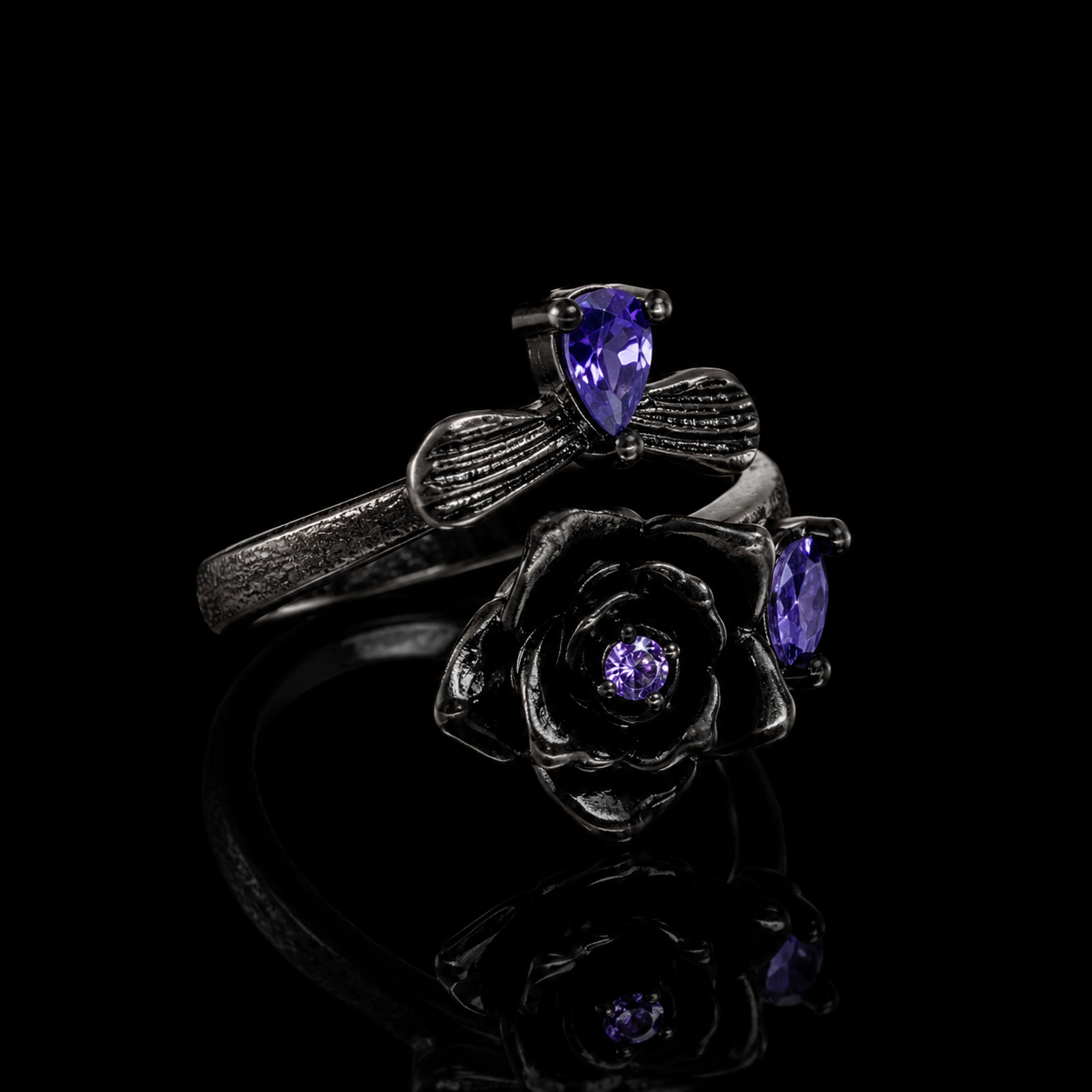 Black Rose Ring with Purple Crystals – Gothic Floral Statement Jewelry