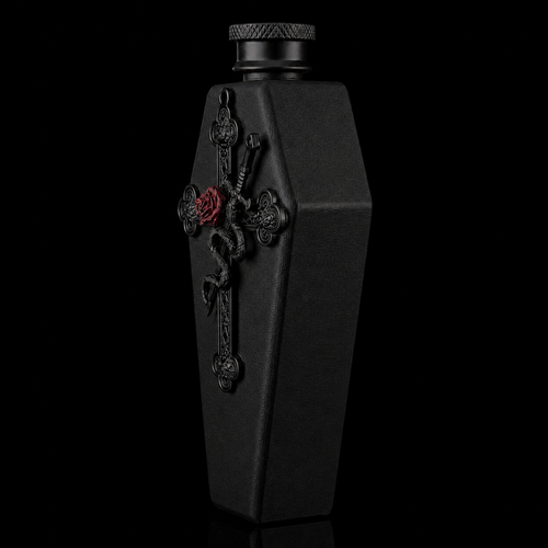 Black Gothic Cross Hip Flask with Red Rose Detail