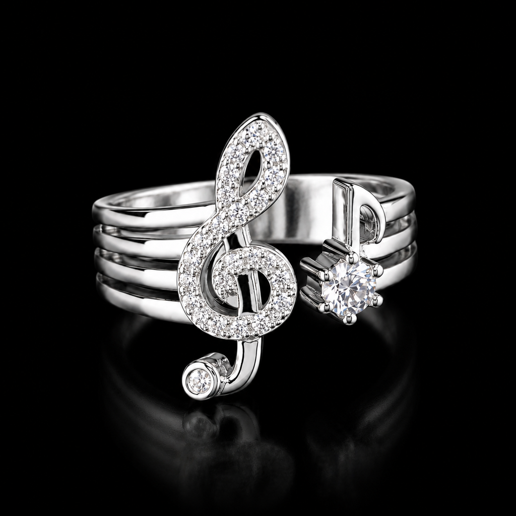 Sparkling Treble Clef Music Note Ring – Elegant Silver-Tone Adjustable Statement Jewelry