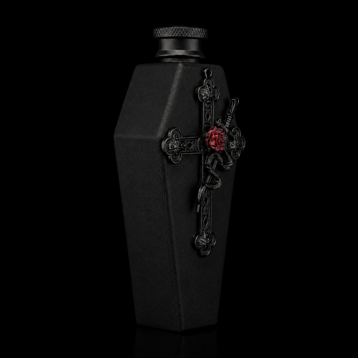 Black Gothic Cross Hip Flask with Red Rose Detail