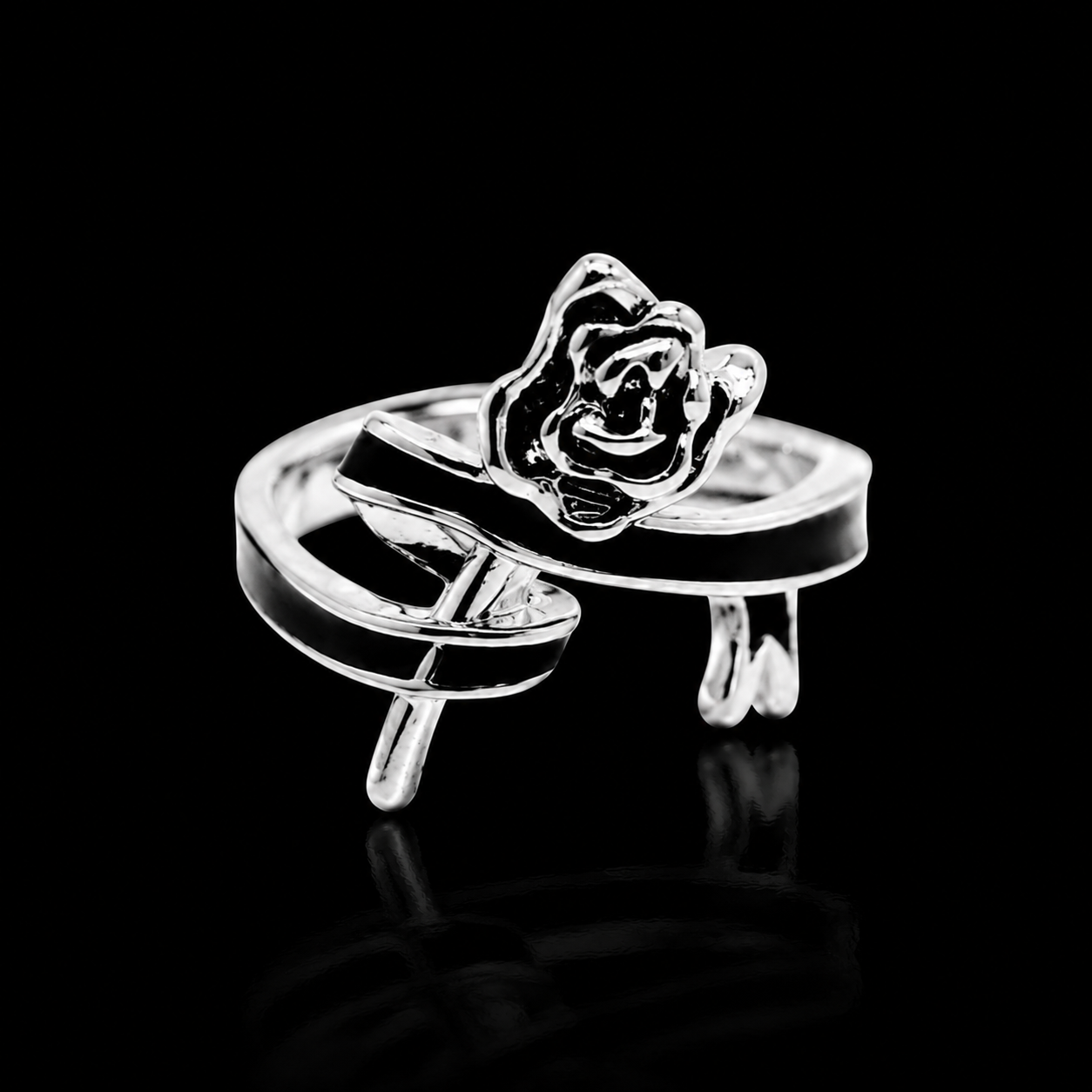 Silver Rose Open Ring with Leaf Design – Adjustable Floral Statement Jewelry