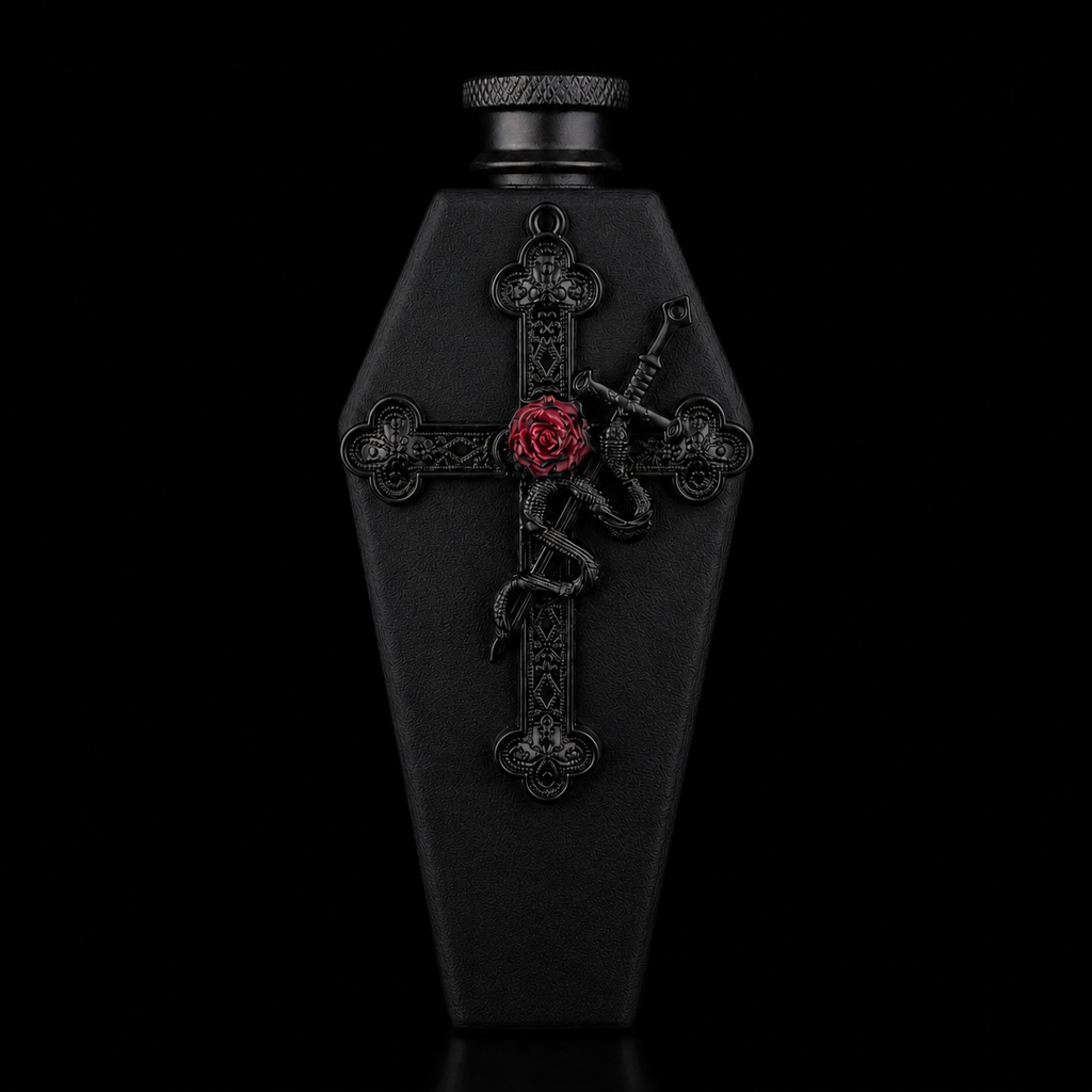 Black Gothic Cross Hip Flask with Red Rose Detail