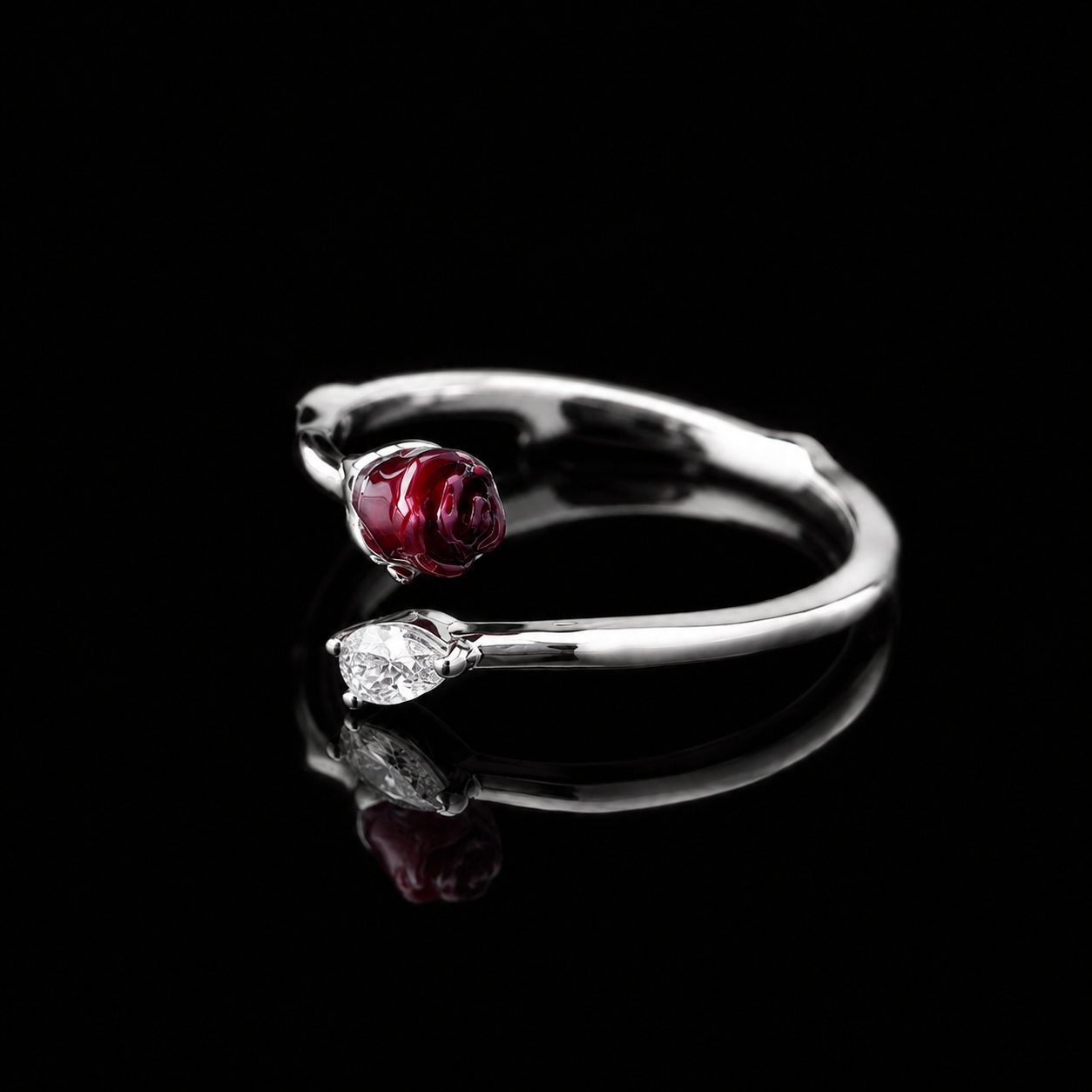 Silver Rosebud Open Ring with Teardrop Crystal – Romantic Adjustable Floral Ring