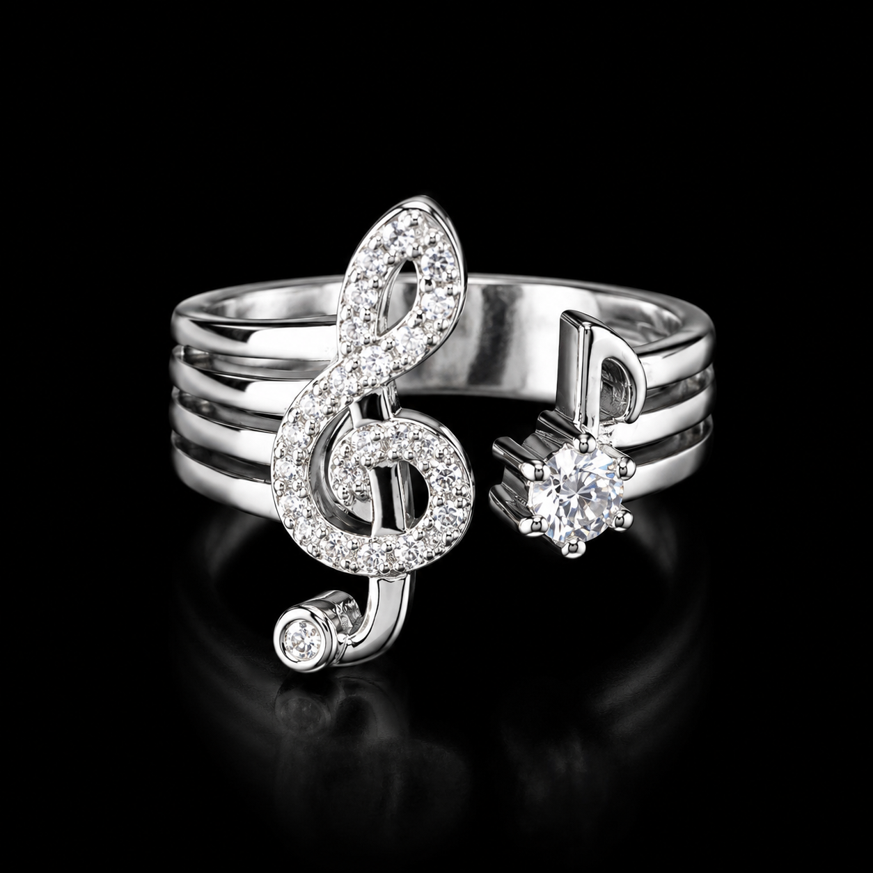 Sparkling Treble Clef Music Note Ring – Elegant Silver-Tone Adjustable Statement Jewelry