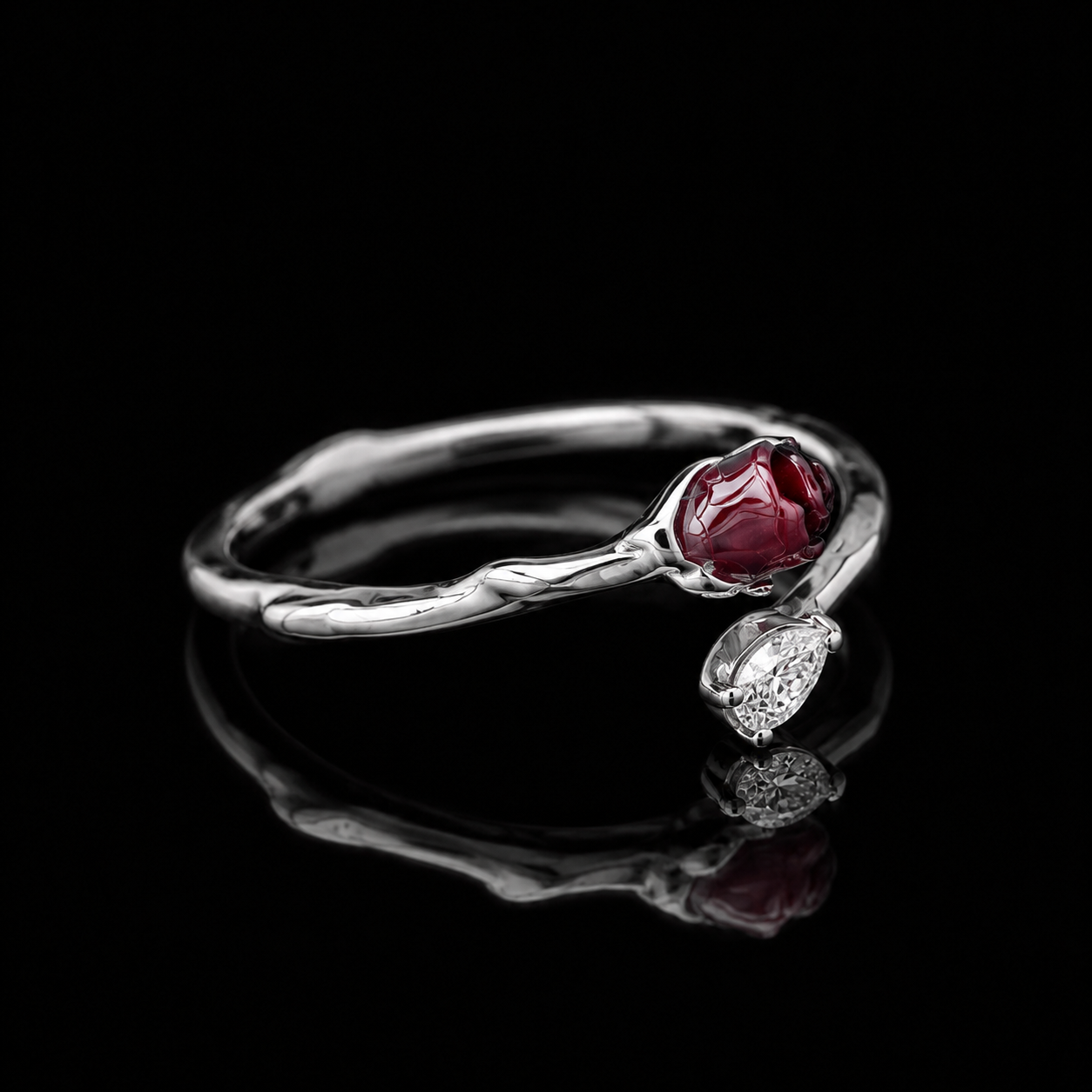Silver Rosebud Open Ring with Teardrop Crystal – Romantic Adjustable Floral Ring