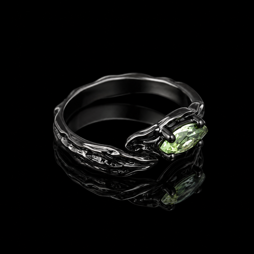 Black Gothic Ring with Emerald Green Marquise Stone – Vintage Fantasy Statement Jewelry