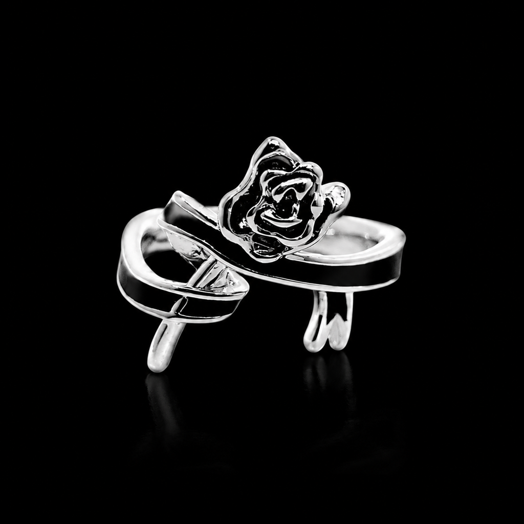 Silver Rose Open Ring with Leaf Design – Adjustable Floral Statement Jewelry