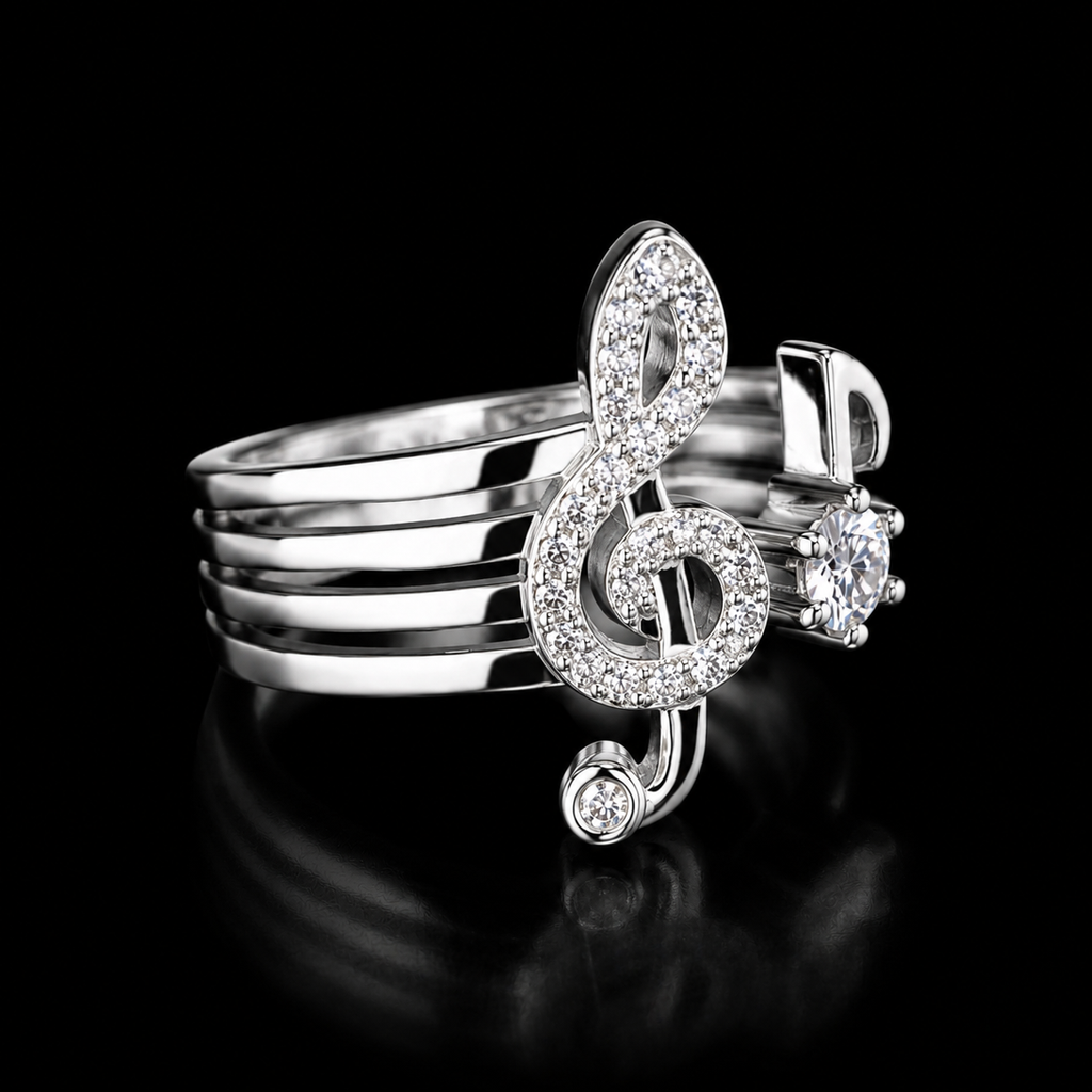 Sparkling Treble Clef Music Note Ring – Elegant Silver-Tone Adjustable Statement Jewelry