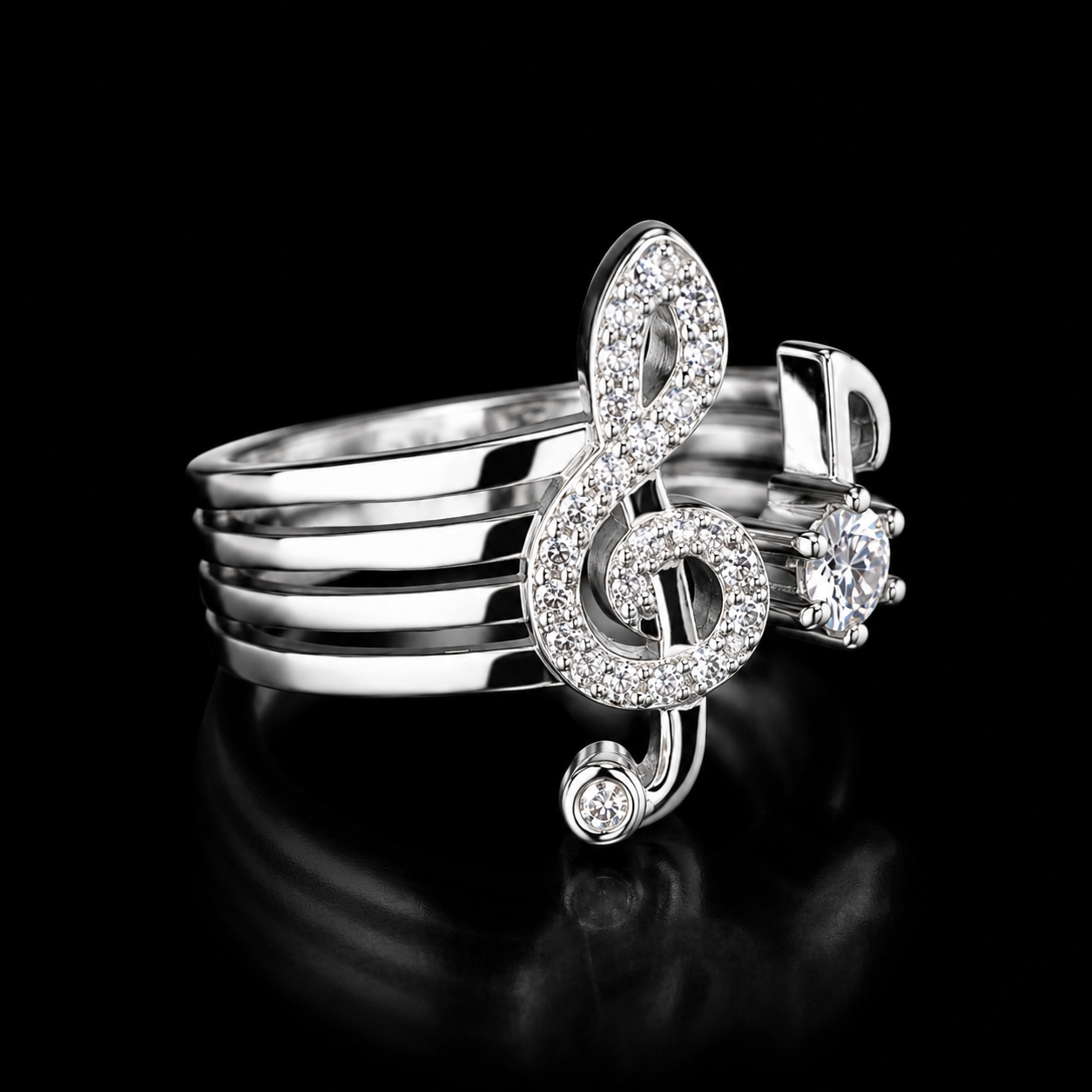 Sparkling Treble Clef Music Note Ring – Elegant Silver-Tone Adjustable Statement Jewelry