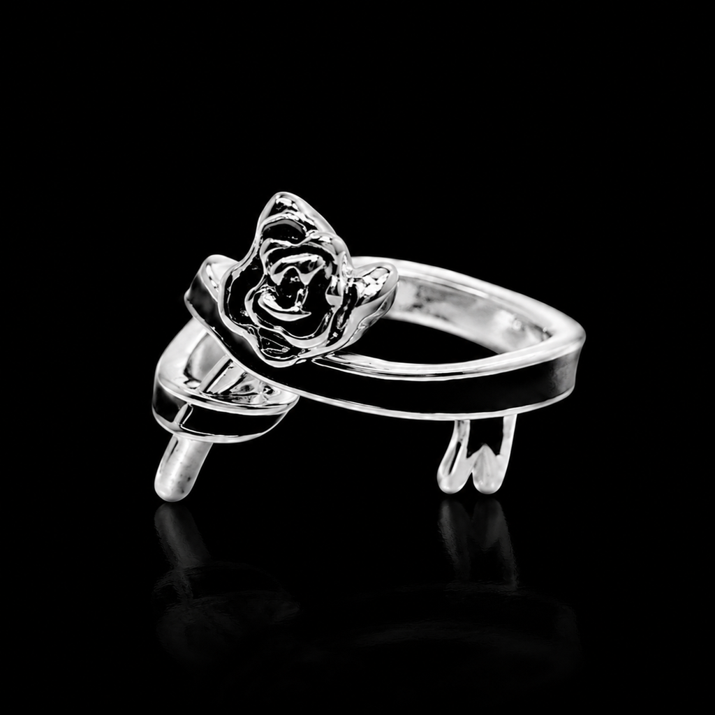 Silver Rose Open Ring with Leaf Design – Adjustable Floral Statement Jewelry
