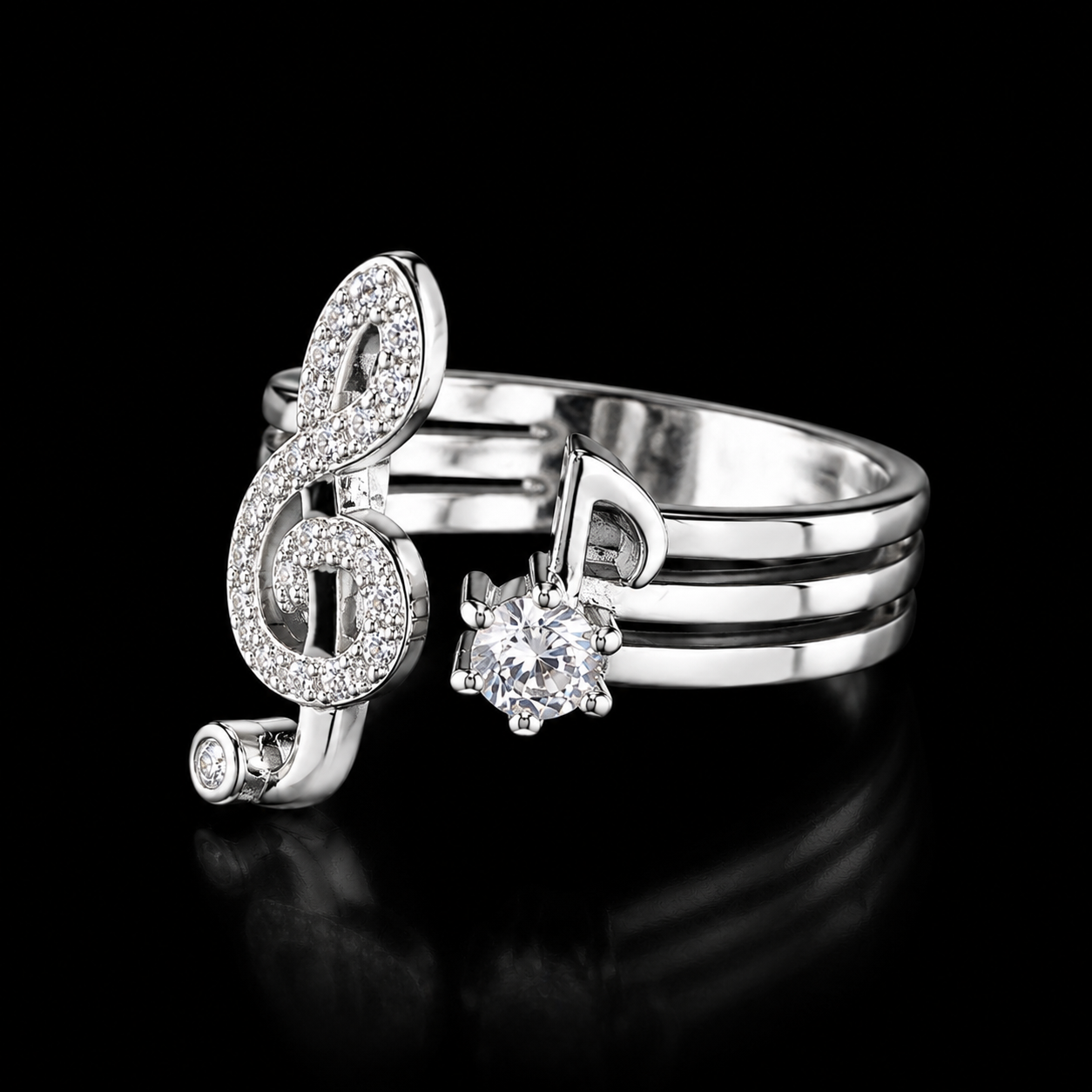 Sparkling Treble Clef Music Note Ring – Elegant Silver-Tone Adjustable Statement Jewelry